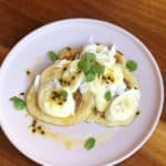 Yoghurt pancakes with passionfruit and coconut