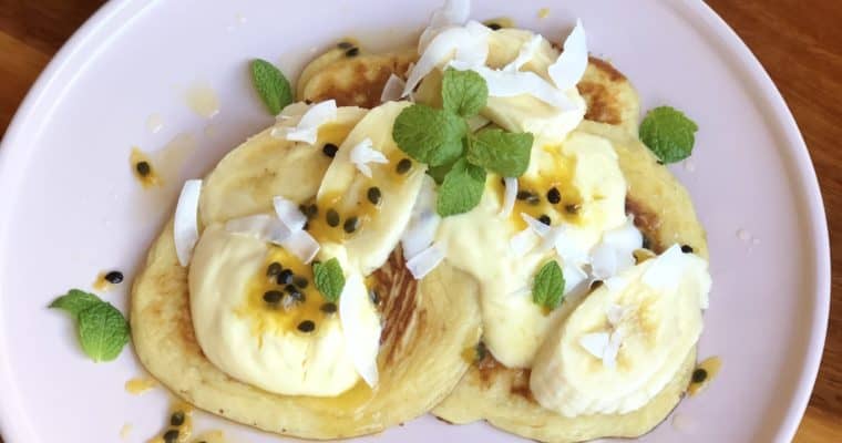 Yoghurt Pancakes with Passionfruit and coconut