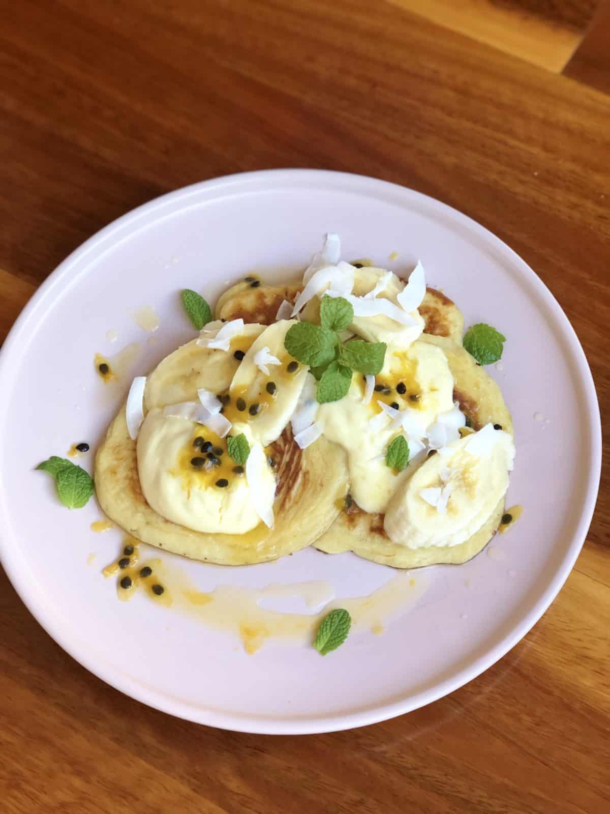 Yoghurt Pancakes with Passionfruit and coconut