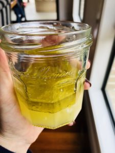 Salad dressing of olive oil, vinegar, garlic and lemon juice