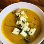 Creamy pumpkin soup with crunchy garlic and thyme croutons