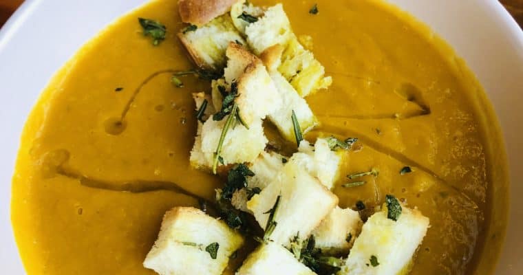 Creamy Pumpkin Soup with crunchy thyme and garlic croutons