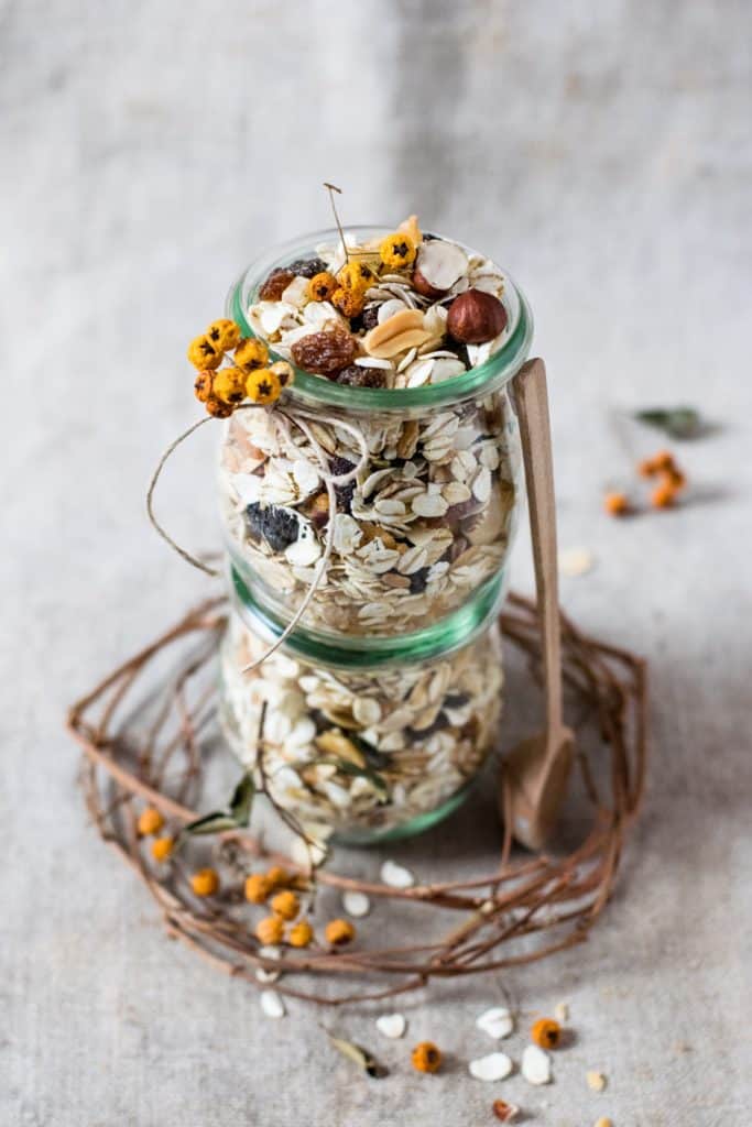 Muesli with dried fruit and nuts is one of the ingredients in my yoghurt and muesli breakfast cups!