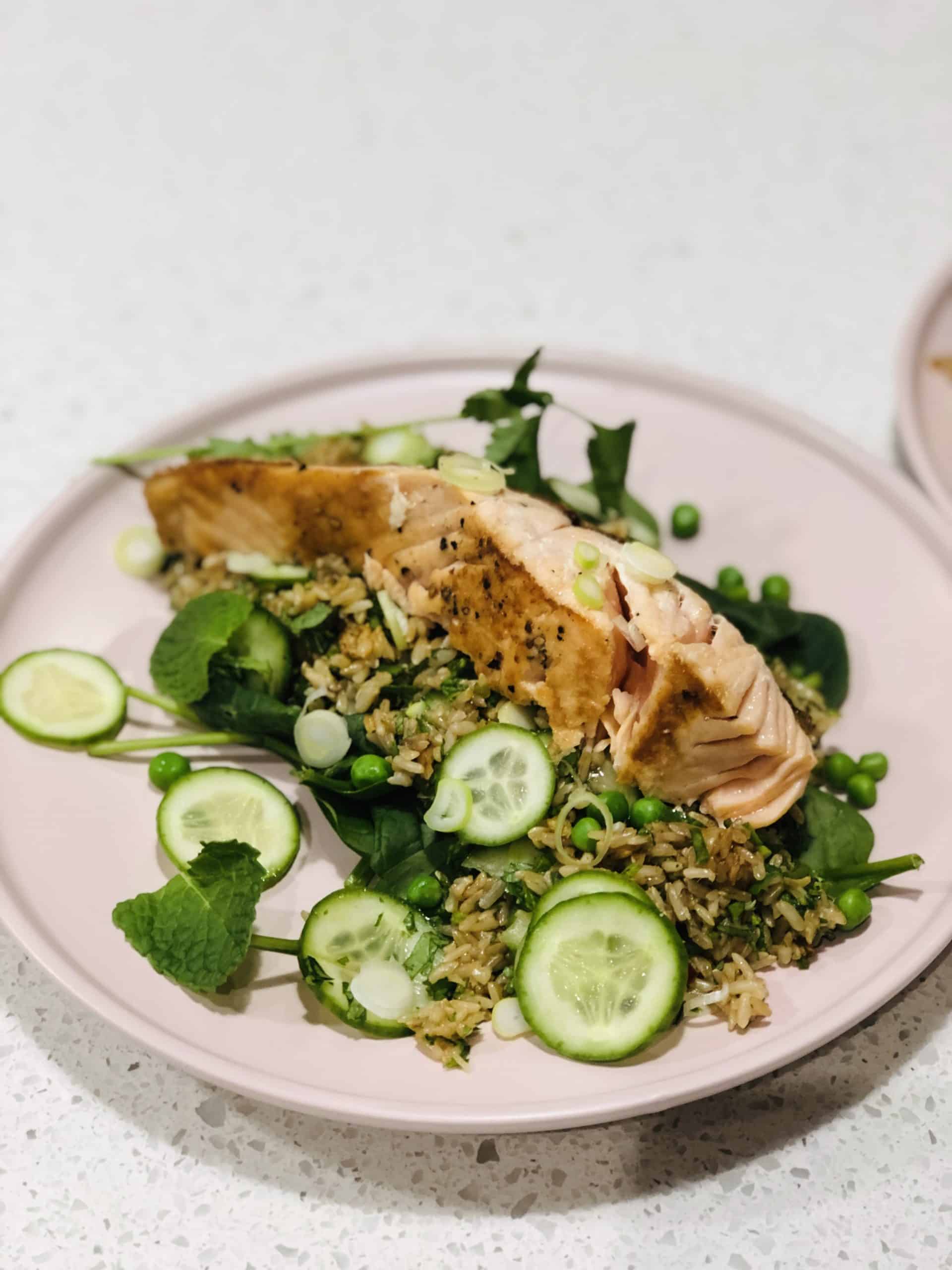 Crispy Skin Salmon and brown rice salad