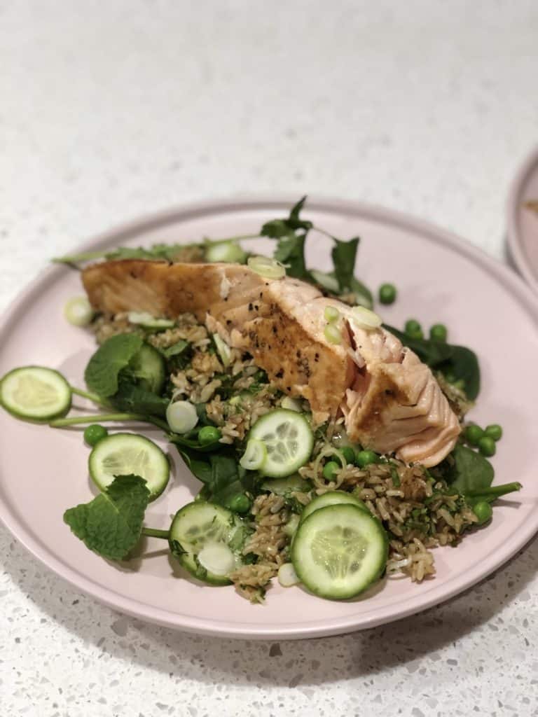 Healthy crispy skin salmon with brown rice salad 