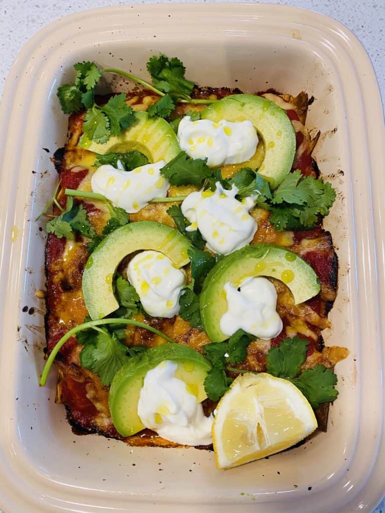 Veggie Enchiladas with fresh avocado, coriander and natural yoghurt