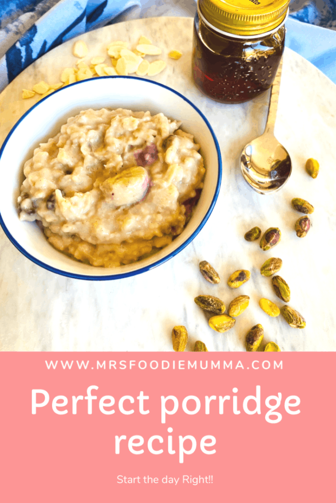 Creamy bowl of porridge with apple, banana and cinnamon 