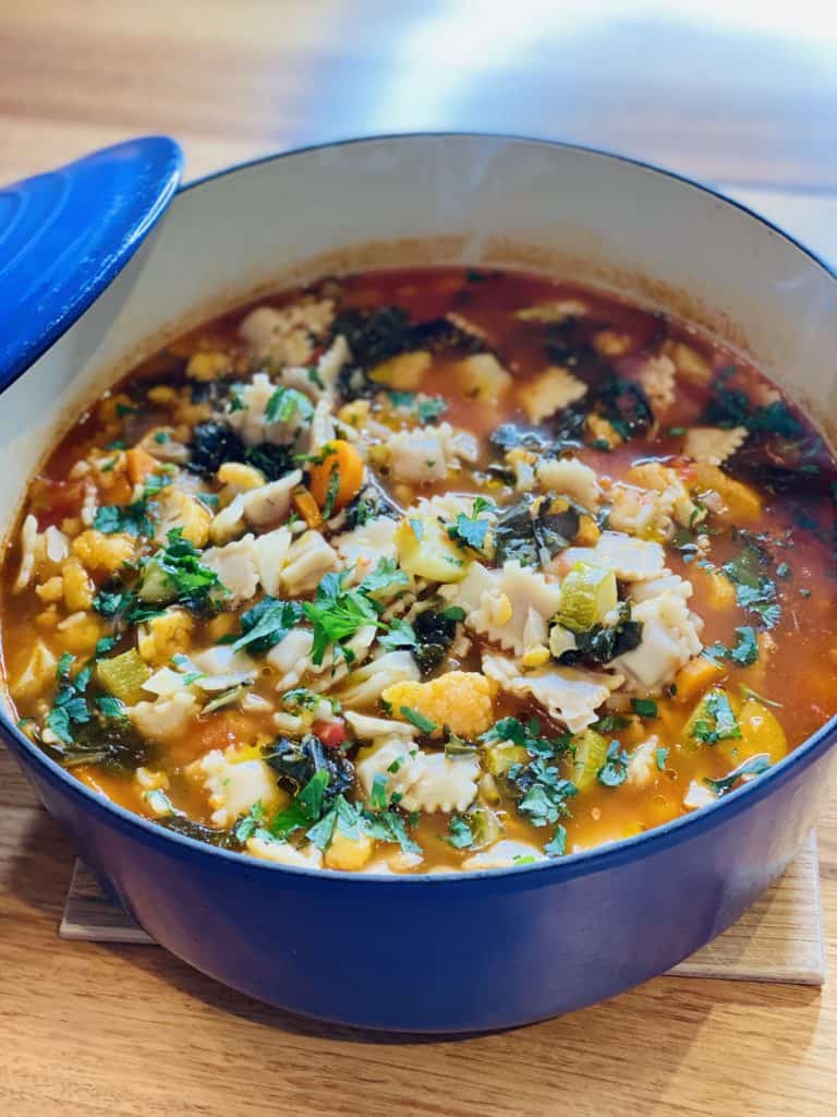 Hearty Tuscan soup with ravioli and silverbeet 