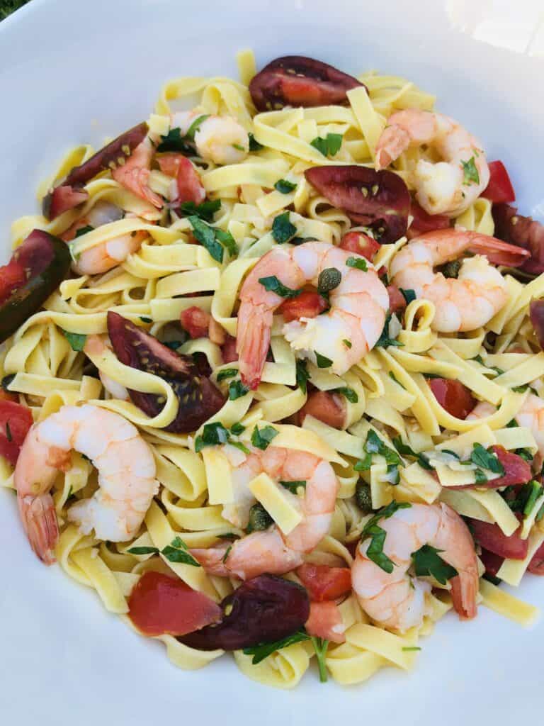 Prawn Linguine with chilli and capers