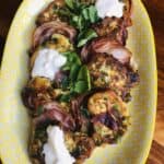 Pea fritters with crispy pancetta