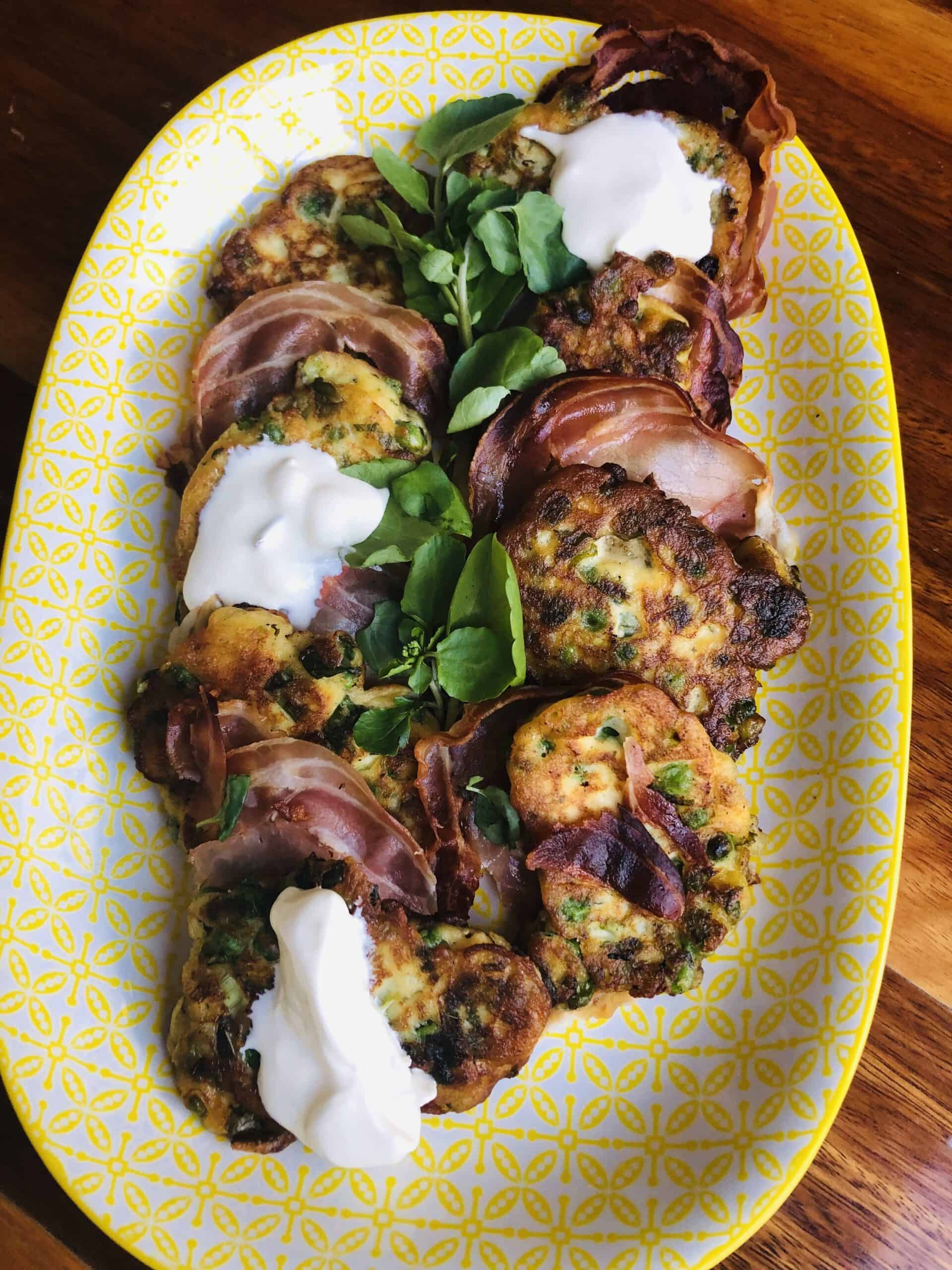 Pea Fritters with crispy pancetta