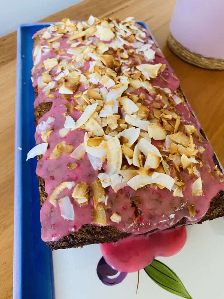 raspberry and coconut loaf cake